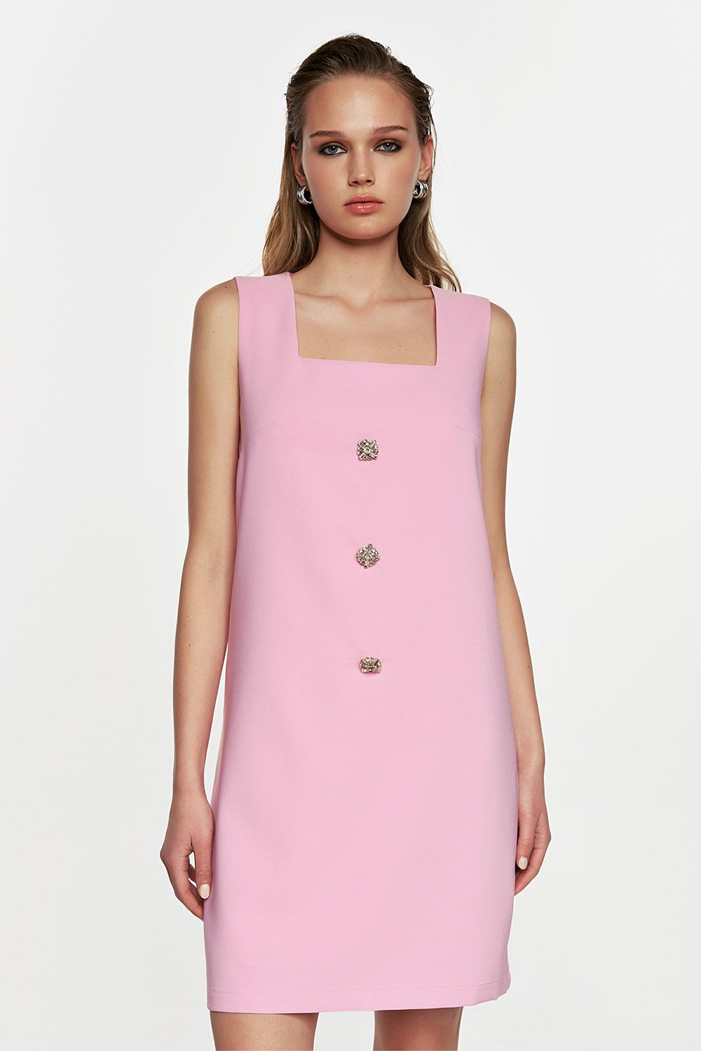 Ρόζ αμάνικο μίνι φόρεμα με στρασένια κουμπιά