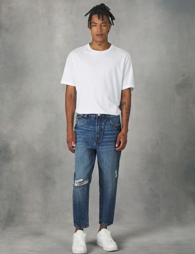 Medium blue cropped jeans με σκισίματα loose fit