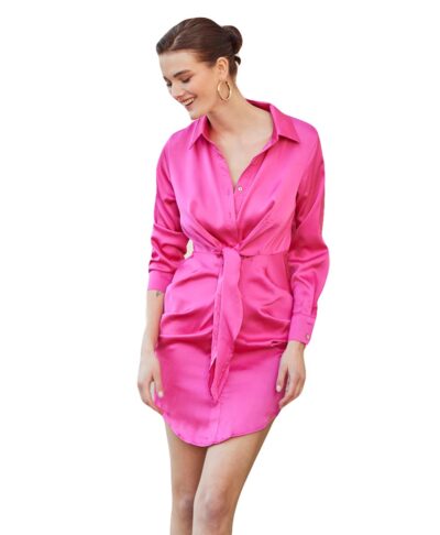 roz pink entono fuchsia mini forema me desimo sth mesh chemisier kai 3/4 maniki cento fashion ss 2022